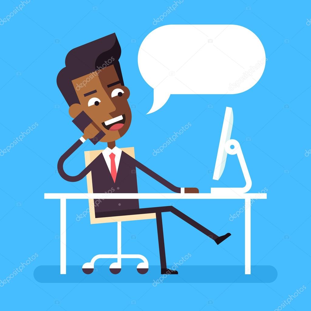 Handsome african american manager in formal suit sitting legs crossed at the desk with a computer and talking on cell phone. Cartoon character - cute businessman. Stock flat vector illustration.