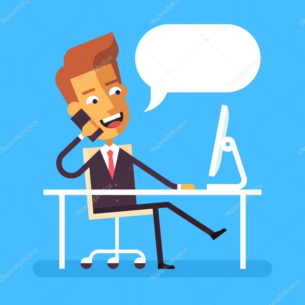 Handsome manager in formal suit sitting legs crossed at the desk with a computer and talking on cell phone. Cartoon character - cute businessman. Stock vector illustration style flat.
