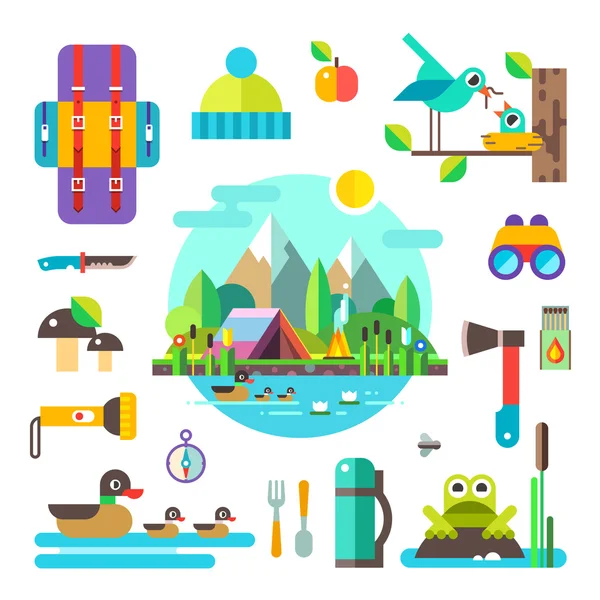 Set of hike elements and icons: backpack, binoculars, knife, compass, axe, torch, tent. Camping objects. Birds, ducks, frog, mushrooms, nest. Landscape: forest, lake, swamp and mountains. Style flat. — Stock Illustration Set of hike elements and icons: backpack, binoculars, knife, compass, axe, torch, tent. Camping objects. Birds, ducks, frog, mushrooms, nest. Landscape: forest, lake, swamp and mountains. Style flat. Stock Illustration