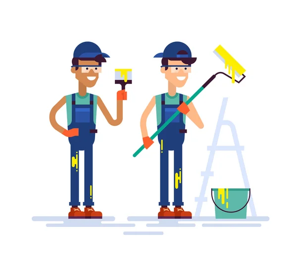 Dos jóvenes pintores de casa guapos en ropa de trabajo con cepillo y rodillo. Equipamiento y herramientas para pintura, escalera. Modernos personajes vectoriales coloridos chicos trabajadores amable sonriendo en diseño plano . — Vector de stock