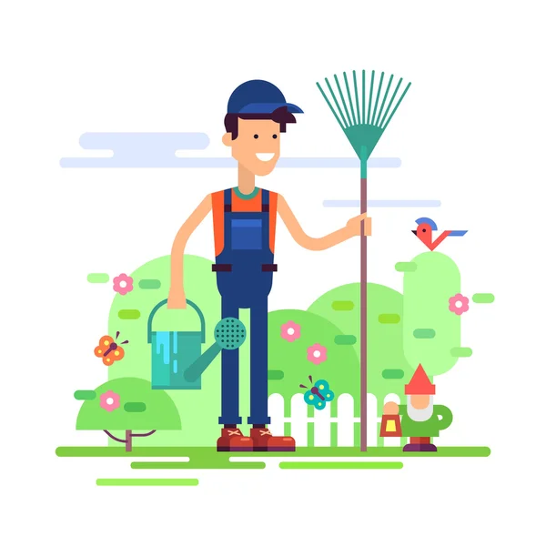 Aantrekkelijke tuinman man permanent in tuin in coverall met rake en drenken kan. Moderne mannelijke karakter - jonge boervriendelijk glimlachen. Voorraad vectorillustratie in plat ontwerp. — Stockvector