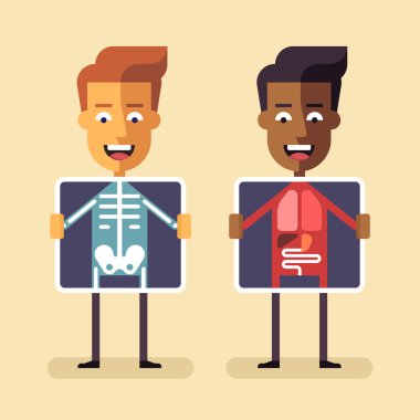 Afrikalı-Amerikalı ve beyaz erkekler onların iç organlar ve iskelet gösteren x-ışını ekran ile. Mobil Sağlık, tanı ve mobil dijital cihazlar kullanarak izleme. Mhealth vektör düz çizim.