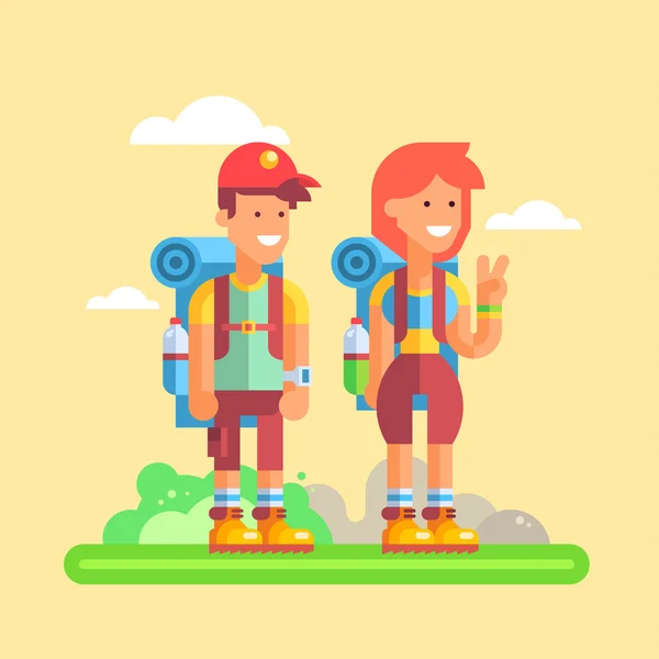 2 jóvenes excursionistas chico y chica con grandes mochilas — Vector de stock