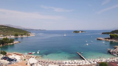 Aerial view of Ksamil Beach Albania showing sandy shore, turquoise sea, and coastal scenery