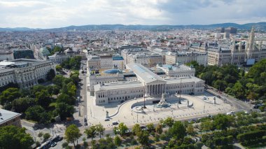 Drone view of the Austrian Parliament in Vienna showing the historic architecture and surrounding cityscape