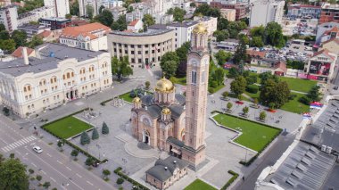 Aerial View of Christ the Savior Orthodox Cathedral with Park Banja Luka Bosnia and Herzegovina