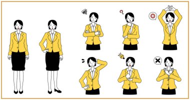 Çeşitli pozlar ve takım elbiseli bir kadının yüz ifadeleri.