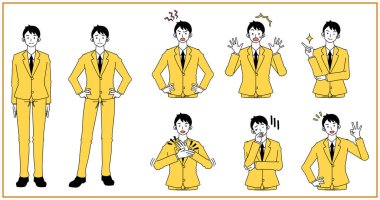 Çeşitli pozlar ve takım elbiseli bir adamın yüz ifadeleri.