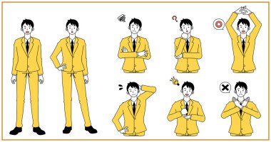 Çeşitli pozlar ve takım elbiseli bir adamın yüz ifadeleri.