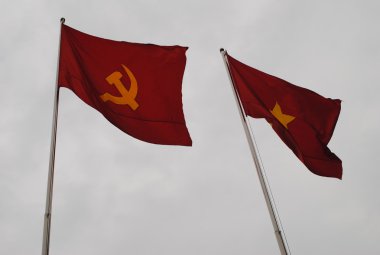 Vietnamca bayrakları ve gri gökyüzü