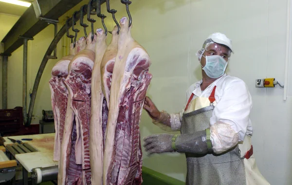 Trabajadores del matadero en el refrigerador, 14 de junio de 2006 en una fábrica de carne, Sofía, Bulgaria . — Foto de Stock