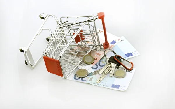 Conceptual studio shot of a bunch of euro banknotes filling a shopping cart on white background — Stock Photo, Image