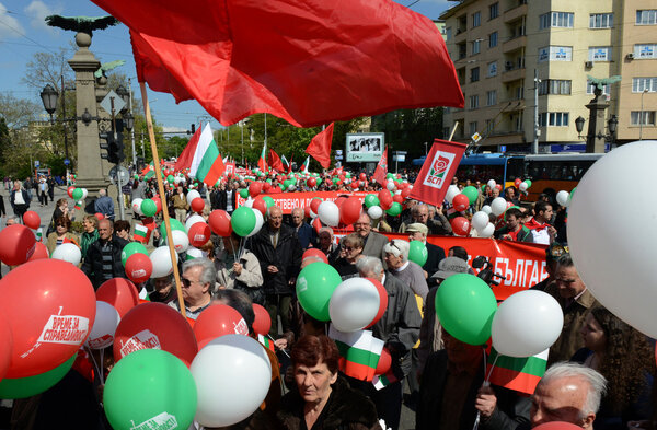 Socialist supporters participate in a rally to mark May Day, May 1, 2015 in Sofia, Bulgaria