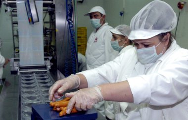 Mezbahada çalışan işçiler buzdolabı, 14 Haziran 2006 et fabrikasında, Sofia, Bulgaristan.