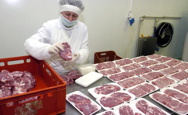 Trabajadores del matadero en el refrigerador, 14 de junio de 2006 en una fábrica de carne, Sofía, Bulgaria . — Foto de Stock