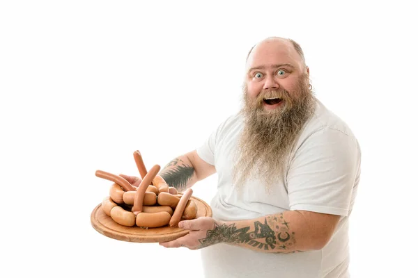 Emotioneel Vet Grappig Getatoeëerd Man Met Voedsel Geïsoleerd Een Witte — Stockfoto