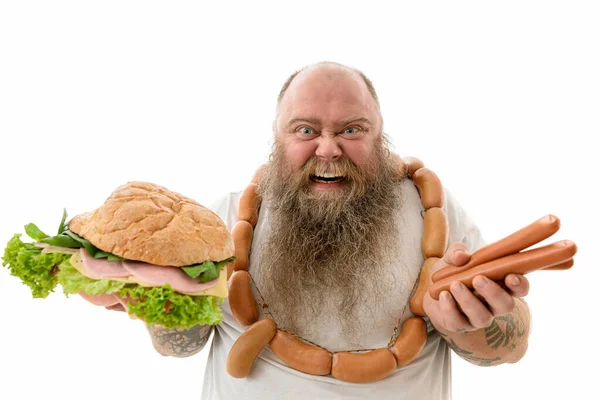 Emotioneel Vet Grappig Getatoeëerd Man Met Voedsel Geïsoleerd Een Witte — Stockfoto