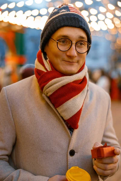 Cheerful Happy Beautiful Caucasian Man Outdoors Waiting His Couple — Stock Photo, Image