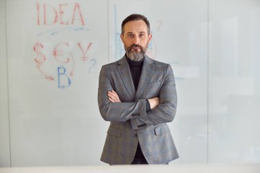 Mutlu yetişkin beyaz adam modern bir ofiste çalışıyor.