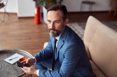 Mutlu yetişkin beyaz adam modern bir ofiste çalışıyor.