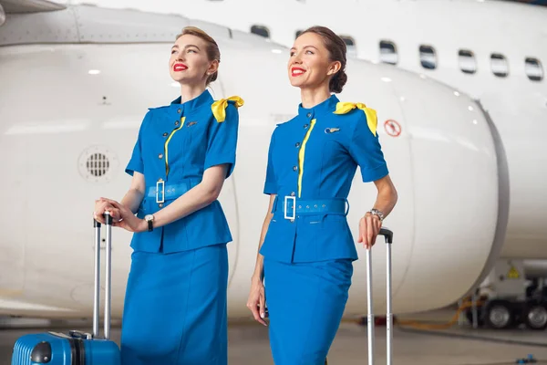 Dos azafatas confiadas en uniforme azul brillante con su equipaje antes de la salida delante de los aviones de pasajeros en el hangar en el aeropuerto —  Fotos de Stock