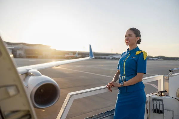 Graziosa hostess in uniforme blu che sorride, in piedi all'aperto al tramonto. Aereo commerciale vicino al terminal in un aeroporto sullo sfondo — Foto Stock