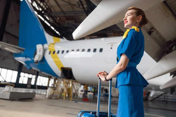 Pretty air stewardesses in bright blue uniform smiling away while standing with suitcase in front of passenger aircraft — Stock Photo, Image