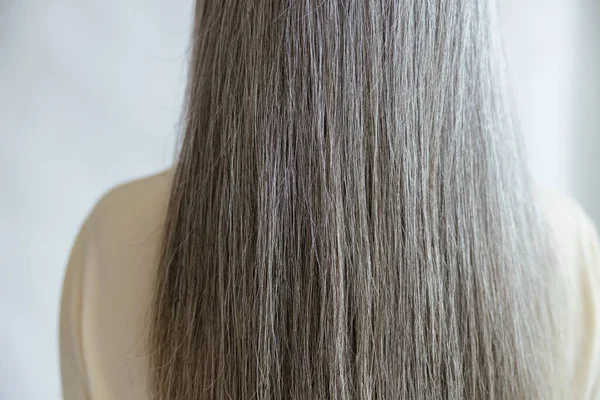 Gesunde lange glatte silberne Haare des weiblichen Modells stehen auf hellgrauem Hintergrund — Stockfoto