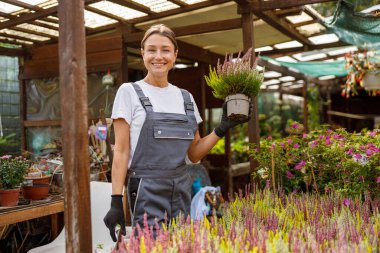 Şık giyinmiş neşeli bir kadın heyecanlı bir serada güzel ve canlı bir saksı bitkisi tutuyor.