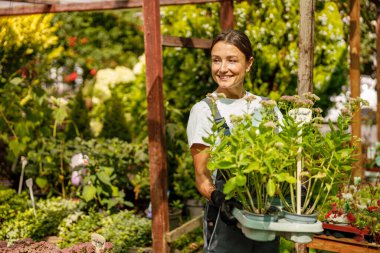 Mutlu, neşeli genç bir kadın neşeyle dolu güzel bir bahçe merkezinde canlı bitkiler tutuyor.
