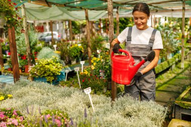 Kendini adamış bir kadın, fidanlıkta canlı bitkileri sulayarak bakımını ve bahçıvanlık uzmanlığını sergiliyor.