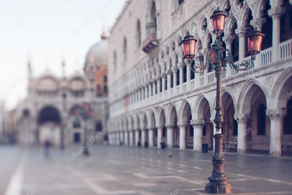 Tilt shift photo of morning in San Marco square in Venice. Soft focus
