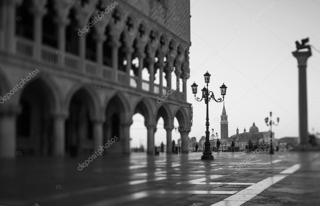 Tilt shift photo of morning in San Marco square in Venice. Soft focus