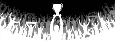 Ellerinde kupa ve taraftarlarıyla kazanan futbol takımının posterleri, vektör illüstrasyon. Hayranlar, bir grup insan..