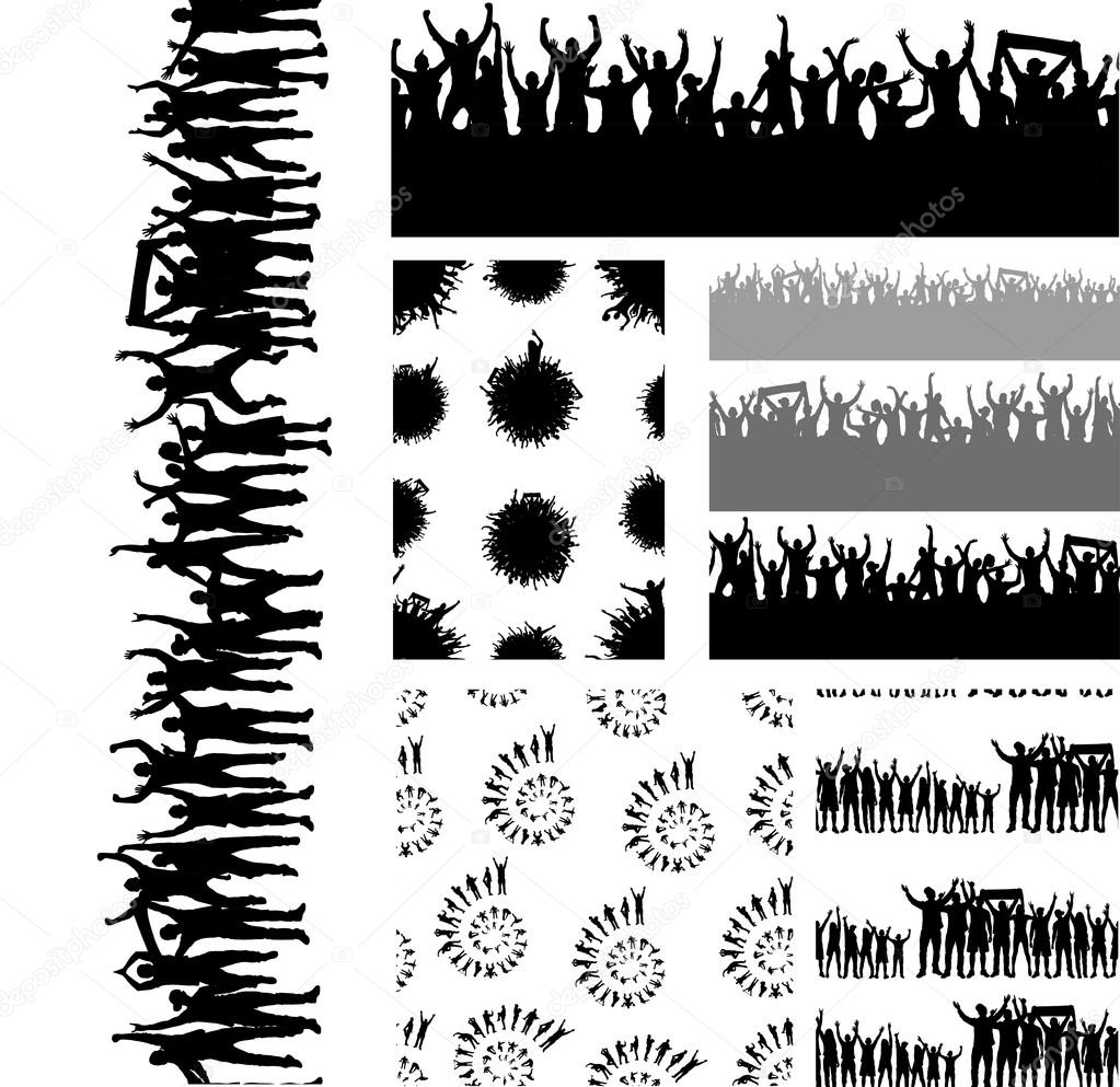 Big set of seamless repeating patterns of crowds and people silhouettes