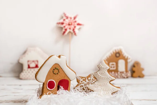 Gingerbread set on white background, christmas gift — Stock Photo, Image