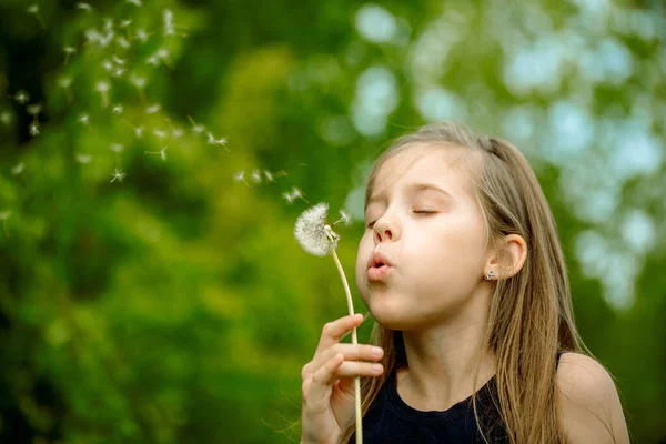 Summer in park or forest. nature, freshness idea and freedom. happy childhood.Summer joy, little girl blowing dandelion at sunset near river — Stock Photo, Image
