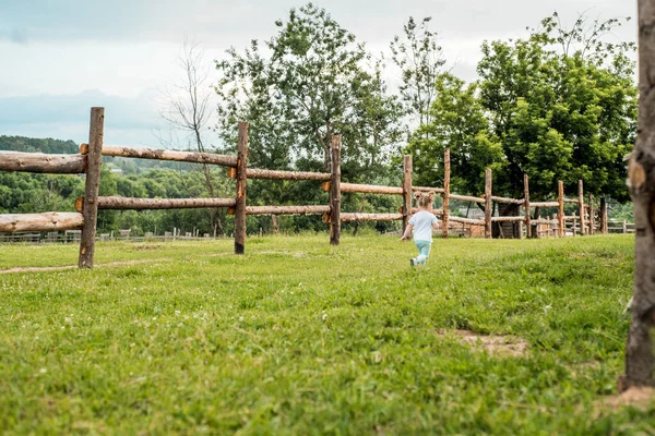 Estilo de vida, menina correndo sobre a cerca de madeira, dia de verão no fundo da floresta. Vocação na aldeia. Sol e pôr-do-sol. — Fotografia de Stock