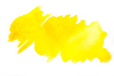 İzole edilmiş beyaz arkaplanda sarı suluboya lekesi.