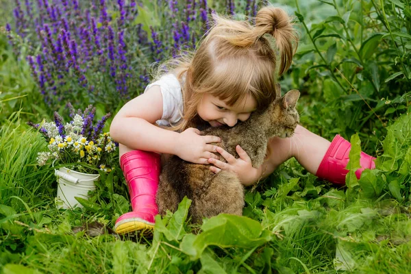 Happy little child with red cat. Girl playing with pet outdoors on the garden. Summer nature — Stock Photo, Image