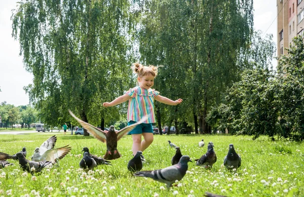 En liten flicka springer efter duvor.Baby Girl Chasing Duvor i utomhus stadspark. glad lycklig barndom, springer och skrattar och skriker. — Stockfoto