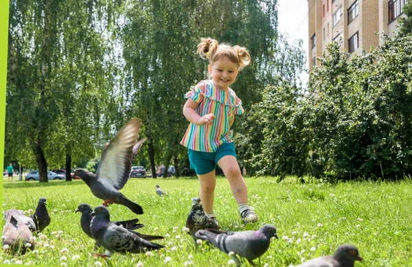 A little girl runs for pigeons.Baby Girl Chasing Pigeons In Outdoors City Park. cheerful happy childhood, runs laughing and screaming. — Stock Photo, Image