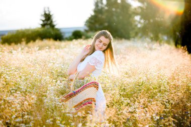Batan güneşin altındaki bir tarlada papatyalarla