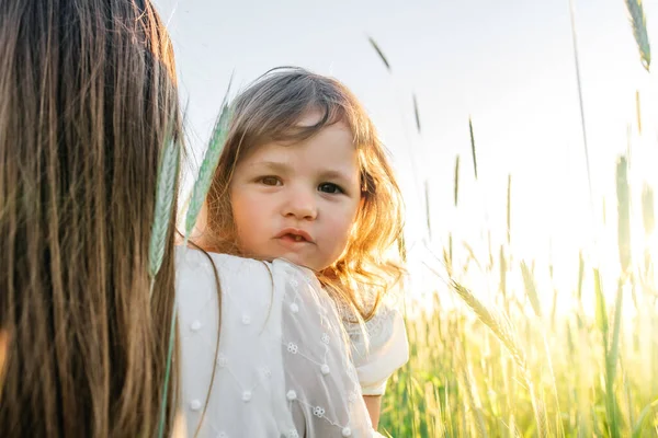 Happy family, mother in a dress with a cute little baby on a golden wheat field at sunset. summer day Royalty Free Stock Photos