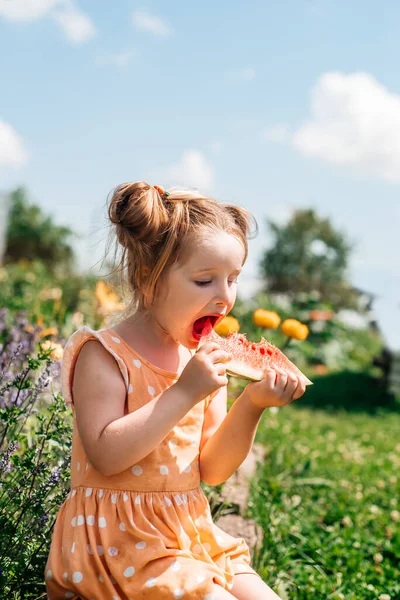 Criança comendo melancia no jardim. As crianças comem fruta ao ar livre. Lanche saudável — Fotografia de Stock