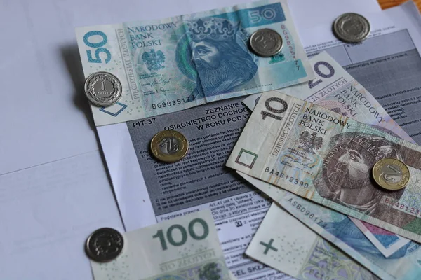 Pit Poolse Belastingen Jaarlijkse Afrekening Pools Bankbiljet Rechtenvrije Stockfoto's
