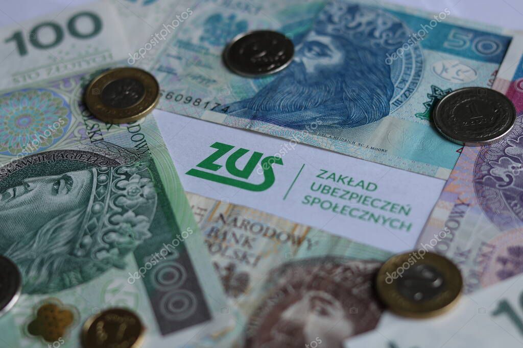 ZUS social security institution logo plus banknotes and coins.