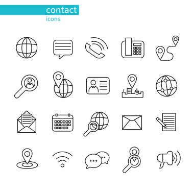 Temasla ilgili vektör simgeleri. Bunlar: küresel, balon kelimeler, telefon, yol, GPS, büyüteç, rozet, şehir, açık mektup, kapalı mektup, kalem, konum, kablosuz internet, spot ışığı, megafon, cep telefonu