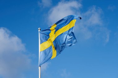 Mavi gökyüzüne karşı İsveç bayrağı.                               