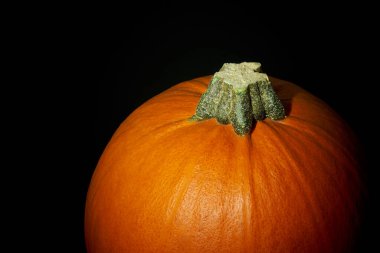 Cadılar Bayramı için karanlıkta bal kabağı yakın plan.                               